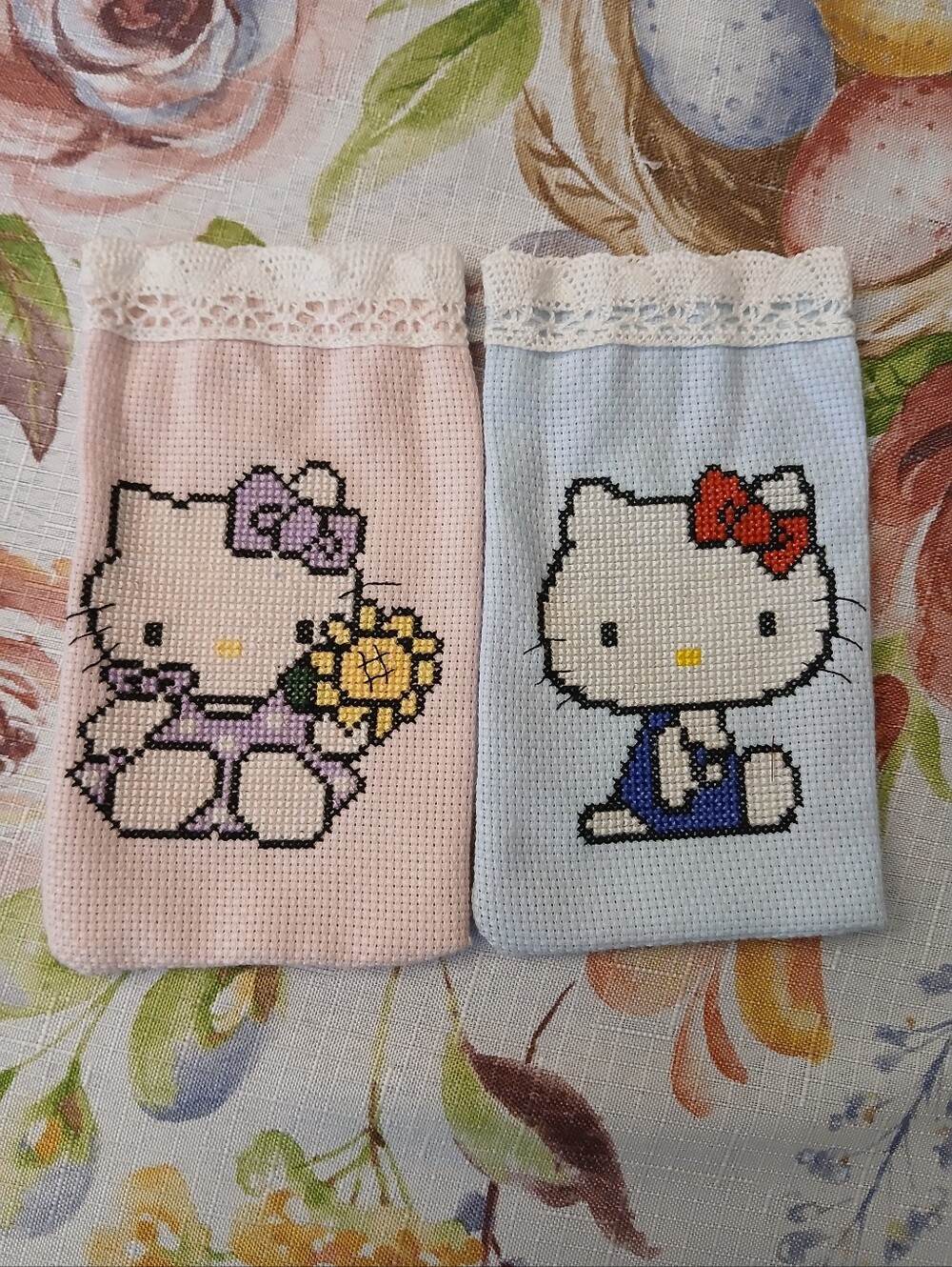 Hello Kitty Embroidered Pink and Blue Cross-Stitch Pouches